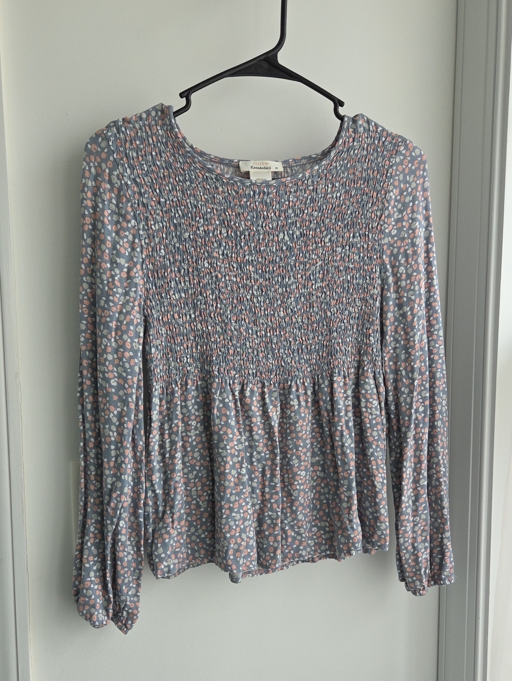 Madewell Light Blue Floral Smocked Peplum Blouse with Pink Accents